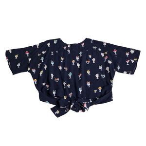 Zara Basic Top Womens M Blue Icecream Novelty Cropped Tie Front Short Sleeve